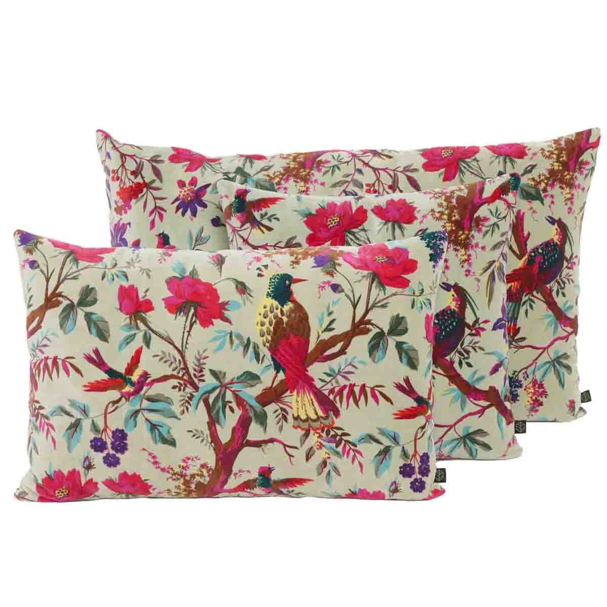 coussin carré velours imprimé fleurs et oiseaux birdy 45x45 cm celadon-harmony haomy