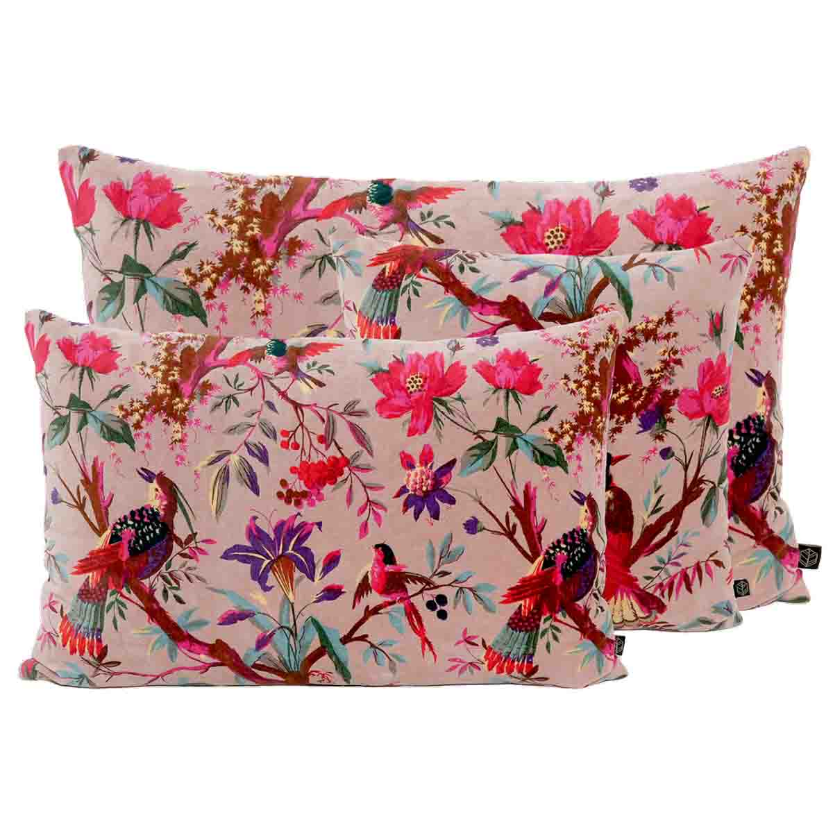 coussin carré velours imprimé fleurs et oiseaux birdy 45x45 cm celadon-harmony haomy